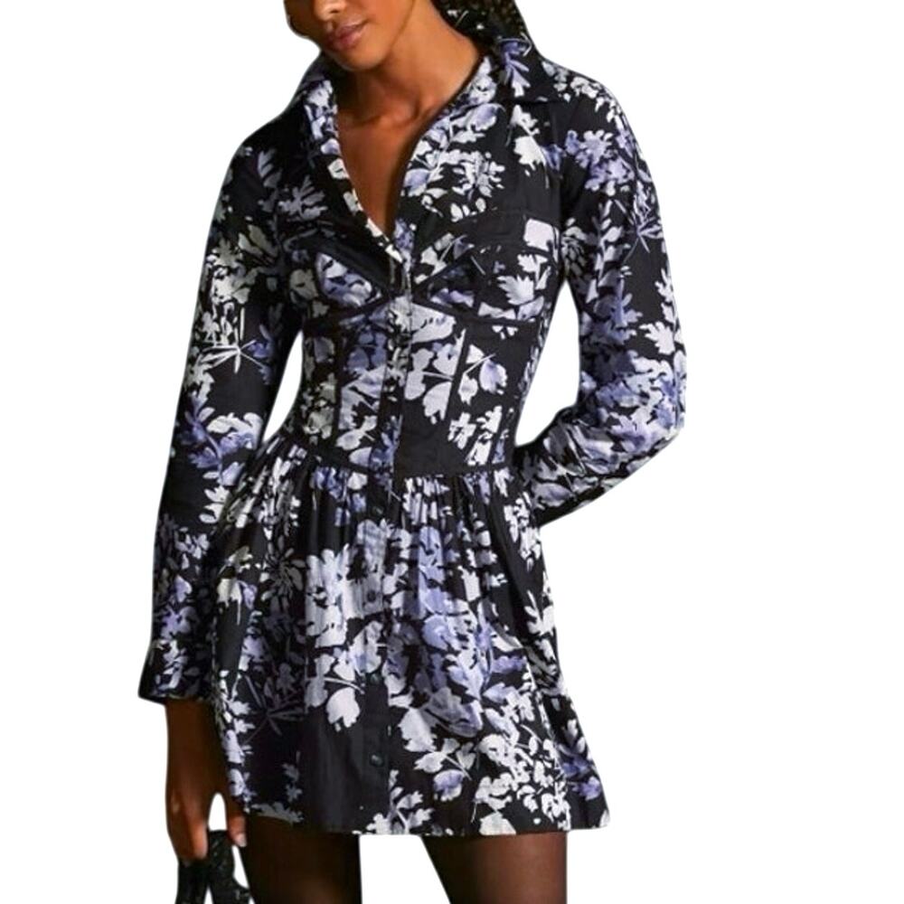 Anthropologie Black and Lavender Floral Mini Dress